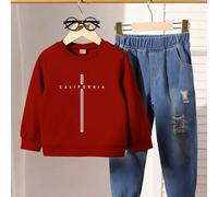 2 pezzi Outfit casual e alla moda per ragazzi giovani, composto da felpa girocollo rossa con grafica della scritta "California" e jeans in denim, completo di abbigliamento autunnale 6Y,7Y,4Y,5YBlocchi