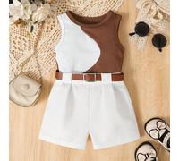 2 pezzi outfit casual estivo per bambine, composto da top smanicato color block e pantaloncini tinta unita minimalisti 9-12M,12-18M,18-24M,2-3YColore unicoPoliestere