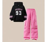 2 pezzi Outfit casual per ragazze giovani - Felpa nera con stampa di lettere carine + Pantaloni cargo rosa, un outfit invernale comodo adatto per bambini 8Y,9Y,10Y,11Y,12YPoliestere