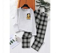 2 pezzi Outfit casual per ragazzi adolescenti, include una maglietta a girocollo manica lunga con stampa di tigre e lettera, e pantaloni larghi a quadri, in tessuto morbido a maglia, set comodo da ind