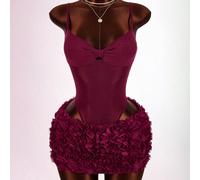 2 pezzi Outfit da donna Y2K bordeaux estivo anni '70 per uscite serali e feste, body trasparente con nodo a torsione e farfalla sul busto, minigonna con stampa floreale L,M,S,XS,XXSGrafico,PianteTessu