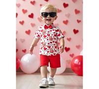 2 pezzi Outfit da gentiluomo per bambini piccoli per San Valentino, include una camicia a maniche corte con colletto, stampa di orsacchiotto e cuore, con papillon, e pantaloncini rossi in vita elastic
