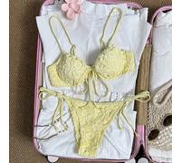 2 pezzi Outfit da spiaggia da donna per Spring Break, abbigliamento estivo, set bikini carino con reggiseno con ferretto, spalline spesse e volant in tessuto floreale di colore unito L,M,S,XLPianteTes