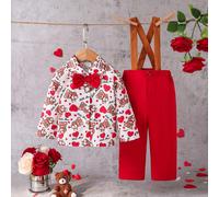 2 pezzi outfit per bebè maschi: camicia casual a maniche lunghe con stampa a forma di cuore dell'orso + pantaloni rossi a gamba dritta, stile da gentiluomo adatto a tutte le stagioni, materiale morbid