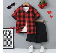 2 pezzi Outfit per ragazzo pre-adolescente per San Valentino - Camicia a maniche corte a quadri rossi e neri + Pantaloncini/Pantaloni, elegante e adatto per uso quotidiano, scuola, uscite, San Valenti
