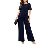 2 pezzi pantaloni in chiffon da donna, top con spalle scoperte a strati con volant e pantaloni a gamba larga, abito formale, madre della sposa, Marina Militare, L