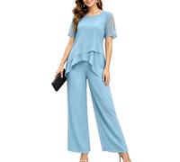 2 pezzi pantaloni in chiffon da donna, top con spalle scoperte a strati con volant e pantaloni a gamba larga, abito formale, madre della sposa, blu cielo, L