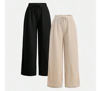 2 pezzi Pantaloni larghi e morbidi con texture e fiocco per ragazze pre-adolescenti, nero + cachi, stile rilassato da vacanza, chic per il ritorno a scuola in autunno/inverno 8Y,9Y,10Y,11Y,12Y,13YColo