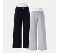 2 pezzi Pantaloni sportivi casual per ragazze pre-adolescenti, neri e grigi, design con fiocco in vita, vestibilità morbida, vita elastica, tessuto confortevole, adatti come divisa scolastica, per aut
