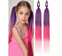 2 pezzi Parrucche con coda di cavallo con paillettes viola, rosse, rosa con elastici per capelli, parrucche intrecciate sintetiche, adatte per bambine, giornata dei capelli pazzi, capelli coraggiosi F