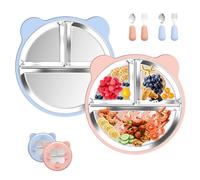 2 pezzi Piatto Bambini in Acciaio Inox con Ventosa, Piatto Diviso Antiscivolo con Manica Silicone Rimovibile - Non Tossico Senza BPA per Svezzamento Autonomo e Bambini