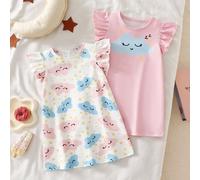 2 pezzi pigiama bambina, collo rotondo, maniche corte a volant, camicia da notte estiva rosa e bianca, stampa nuvole e stelle cartoni animati, casual, abbigliamento per la casa, tessuto morbido, legge
