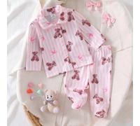 2 pezzi Pigiama casual a maniche lunghe per neonata e bambina, con colletto alla coreana, motivo a righe rosa e bianco, grafica di orsetto cartoni animati e dettagli con fiocco. Questa morbida bianche