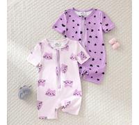 2 pezzi Pigiama tutina per neonata, casual e carino, con stampa di gatto e cuore, maniche corte, collo rotondo, zip anteriore, in tessuto leggero e morbido in maglia, colore viola chiaro, per pigiama 