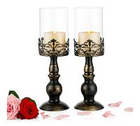 2 Pezzi Portacandele Vintage per Tavoli Portacandele con Colonna Nera con Coperchio in Vetro, Candeliere Antico Uragano per la Decorazione Della Cena A Lume di Candela per la Festa di Nozze A Casa