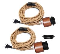 2 Pezzi Portalampada E27 con Interruttore, 5M Lampada Corda di Canapa, Legno di Noce Porta Lampada con Spina, Portalampada con Cavo e Presa, Lampada a Sospensione in Canapa, Paralume Fai Da Te