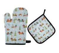 2 pezzi Presine E Guanti Da Barbecue Winter Dachshund Dogs Cute Christmas Tree Guanti Da Forno A Microonde Morbida Guanti Da Barbecue Per Grigliare, Cucinare, Cottura Al Forno