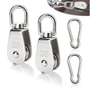 2 Pezzi Puleggia Carrucola con 2 Pezzi Moschettoni M6, M25 Carrucole Piccole, Puleggia per Corda in Acciaio Inox, Rotazione a 360°, Carico 150kg, Puleggia Singola per Fune Fitness, Trasporto, Gru