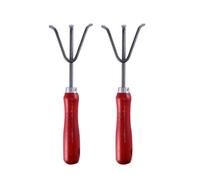 2 Pezzi Rastrello a Tre Denti da Giardino Manico in Legno Rosso | Ferro Robusto, Facile da Impugnare, per Orto e Fattoria, Montaggio Semplice, Pulizia Foglie e Detriti