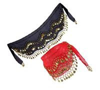 2 Pezzi Sciarpa per Danza del Ventre 128 Monete, Chiffon Rosso Nero | Annodare Facilmente, Produce Suono al Movimento, per Spettacoli e Feste, Accessorio Scenico per Donne