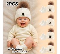 2 pezzi/set: 1 berretto in maglia nera con motivo a lettere e decorazione con pon pon, e 1 paio di calze in maglia morbide e calde, adatte per neonati da 0 a 6 mesi in autunno/inverno 0-6MTessuto