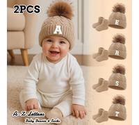 2 pezzi/set: 1 berretto neonato lavorato a maglia con motivo a lettere e decorazione con pon pon, e 1 paio di calzini, alla moda, carini, morbidi, confortevoli, caldi, adatti per neonati da 1 a 3 anni