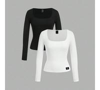 2 pezzi/set 95% cotone, magliette a maniche lunghe casual slim-fit da donna con scollo quadrato, in nero e bianco, con toppe ricamate; stile basic, adatto per tutte le stagioni, vintage, carino, soft 