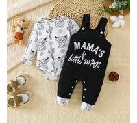 2 pezzi/set abbigliamento bimbo: body manica lunga + pantaloni bavaglino, stampa bue e scritta "mamma e il mio piccolo ragazzo", abbigliamento casual quotidiano, coordinati mamma e bambino 6-9M,9-12M,