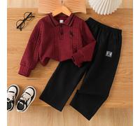 2 pezzi/set Abbigliamento casual stile college per ragazzi, polo a maniche lunghe con colletto a coste, ricamo cavallo, pantaloni, completo in stile polo per primavera, autunno, inverno, adatto per us