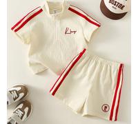2 pezzi/set Abbigliamento estivo casual per bambino maschio, composto da camicia a maniche corte con colletto alla coreana e stampa a lettera color albicocca, e pantaloncini con vita elastica, outfit 
