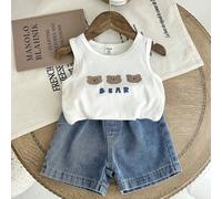 2 pezzi/Set abbigliamento estivo per bambini maschi, top a canotta con stampa orso bianco abbinato a pantaloncini di jeans, minimalista e alla moda, design adorabile, vestibilità comoda, adatto per us