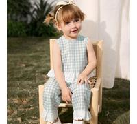 2 pezzi Set abbigliamento neonata: body senza maniche con scollo a giro e pannello a contrasto e pantaloni in vita elastica 6-9M,9-12M,12-18M,18-24M,2-3YGeometrico,VichyTessuto