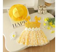 2 pezzi/set Abito canottiera per bambine con fiocco giallo e sovrapposizione in rete floreale, con cappellino abbinato, adatto per giocare e servire per foto, estate 6-9M,9-12M,12-18M,18-24M,2-3YPiant