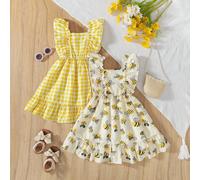 2 pezzi/Set Abito casual alla moda per ragazze giovani con stampa floreale in rete, maniche a volant, spalline sottili, spalle scoperte e orlo a strati, adatto per uso quotidiano, uscite nel fine sett