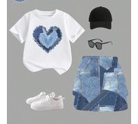 2 pezzi/set Abito casual di moda per ragazze, primavera/estate, manica corta, design a cuori, maglietta a girocollo manica corta con gonna cargo, maglietta a girocollo manica corta e leggings morbidi