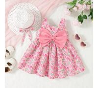 2 pezzi/set Abito estivo con motivo floreale ditsy e decorazione fiocco per bambina, abito principessa senza maniche + cappellino 6-9M,9-12M,12-18M,18-24M,2-3YFloreale,PiantePoliestere