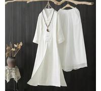 2 pezzi/Set Abito Hanfu Tang da donna, top in lino di media lunghezza con bottoni a rana, camicia lunga bianca, pantaloni a gamba larga in chiffon, vintage elegante estivo L,M,S,XLColore unicoTessuto 
