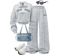 2 pezzi Set Autunno/Inverno da Donna, Felpa con Cappuccio e chiusura lampo a Collo Alto Grigio Melange e Pantaloni Lunghi Coordinati con Stampa Grafica, Comodi Outfit Casual Coordinati Mamma-Figlia L,