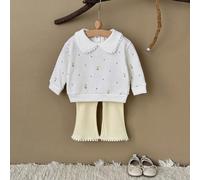 2 pezzi/Set Bambina Felpa con colletto Peter Pan a ricamo floreale e maniche lunghe, e Pantaloni con volant, Primavera/Autunno 6-9M,9-12M,12-18M,18-24M,2-3YPianteTessuto in maglia
