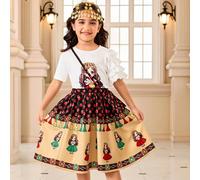 2 pezzi Set Bambina: Maglietta a maniche corte con volant e stampa di una ragazza del Medio Oriente in stile cartone animato per il Ramadan, abbinata a una gonna con frange a contrasto sul bordo, fres