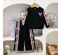 2 pezzi/Set Bambina Piccola Felpa con cappuccio a maniche lunghe con fiocco e Pantaloni a gamba larga, Primavera/Autunno 6Y,7Y,4Y,5YA striscePoliestere