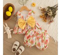 2 pezzi/set Bambine estate Top senza maniche con fiocco sulla schiena e stampa a pois e floreale, e pantaloncini. Completo casual carino per vacanze per bambine 6-9M,9-12M,12-18M,18-24M,2-3YFumetto,Pi