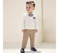 2 pezzi Set bambino maschio stile preppy da gentiluomo, 2 in 1 polo a maniche lunghe in maglia con blocchi di colore e papillon + pantaloni casual a vita elastica tinta unita, adatto per primavera/aut