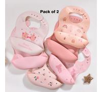 2 pezzi/Set Bavaglino in silicone impermeabile per bambini e bambine, lavabile, regalo di San Valentino, adatto per tutto l'anno Fantasia Unicorno + Bavaglino Rosa Chiaro,Orsetto Angelo + Bavaglino Ro