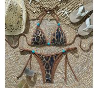 2 pezzi/set Bikini con stampa animale in tessuto con texture e paillettes, reggiseno a triangolo e slip con lacci laterali, set bikini sexy, set bikini bohémien primaverile/estivo, costumi da bagno oc