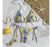 2 pezzi Set bikini con stampa limone, design con laccetti e pendente a forma di limone, adatto per vacanze al mare, feste in piscina e uscite estive L,M,S,XSTessuto in maglia