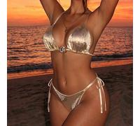 2 pezzi/set Bikini costume da bagno con reggiseno a triangolo e perizoma con lacci laterali, decorato con tessuto dorato effetto serpente e strass, costume da bagno sexy da donna per primavera/estate 