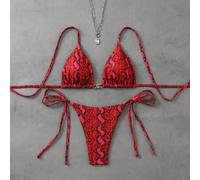 2 pezzi/set Bikini da donna con stampa floreale casuale, top a triangolo con bretelle e slip con laccetti laterali, estivo L,M,S,XSStampato SerpenteTessuto