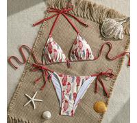 2 pezzi Set Bikini da Donna, Stampa Casuale di Pesci e Lettere, Top a Triangolo Imbottito e Slip con Lacci, Costume da Bagno Sexy per Spiaggia, Piscina, Vacanza L,M,S,XS,XXSPianteTessuto