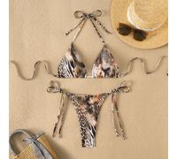 2 pezzi/set Bikini donna con stampa animale, top a triangolo con laccetti al collo e slip brasiliano con laccetti ai lati, costume da bagno sexy, set di costumi da bagno con stampa animale per primave